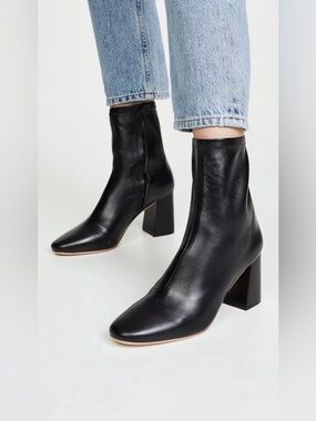 Loeffler Randall Black Leather Square-Toe Block Heel Ankle Boots